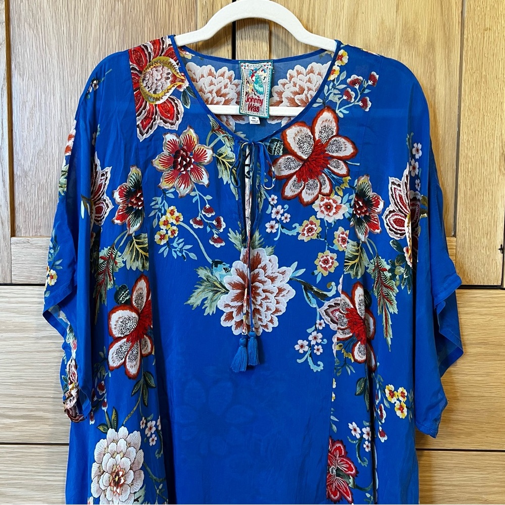 Johnny Was Zadie Tassel Tie Floral Blouse Blue Multi Size XXL Bohemian Coastal - Picture 3 of 8